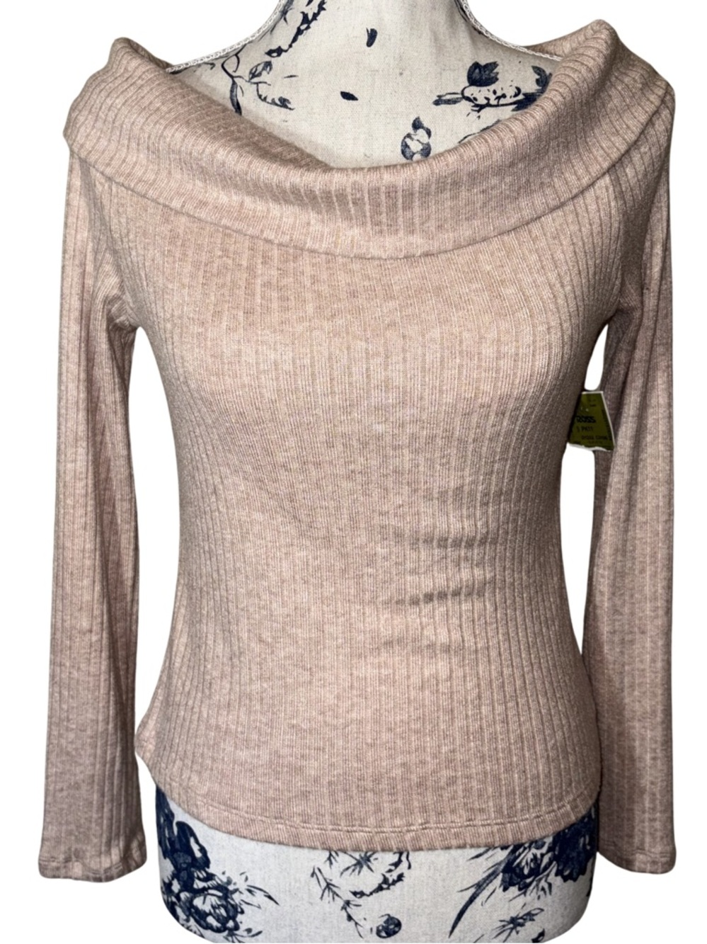 NWT Blenca Off-Shoulder Long Sleeve Ribbed Knit Cowl Neck Off-Shoulder Top Blush